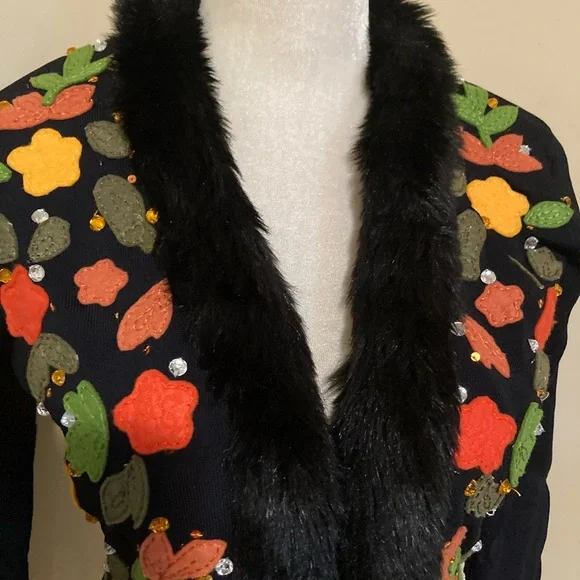 12-27 Victoria harbour black cardigan sweater FALL Small black leaves rhinestone - Picture 2 of 4